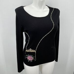 Pink poodle womans black knit sweater large beaded flower BoxH
